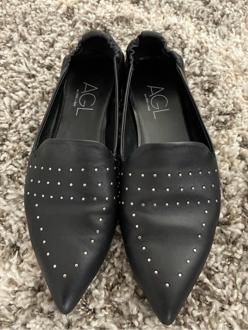 AUTHENTIC AGL Black Pointed Soft Leather Flats with Silver Studs